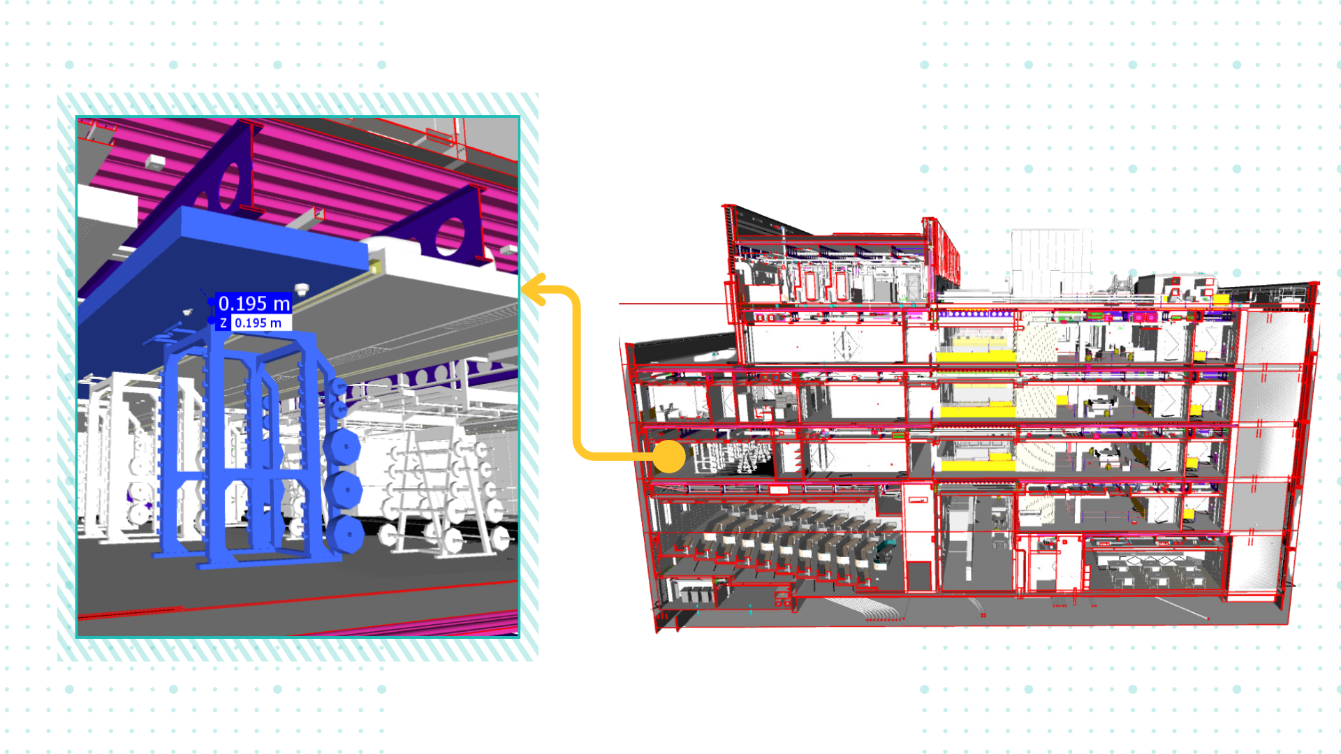 An image containing two pictures. One picture is of a 3D model of the Polaris Building, while the other is a zoomed in image of the 3D model of the gym within that building.